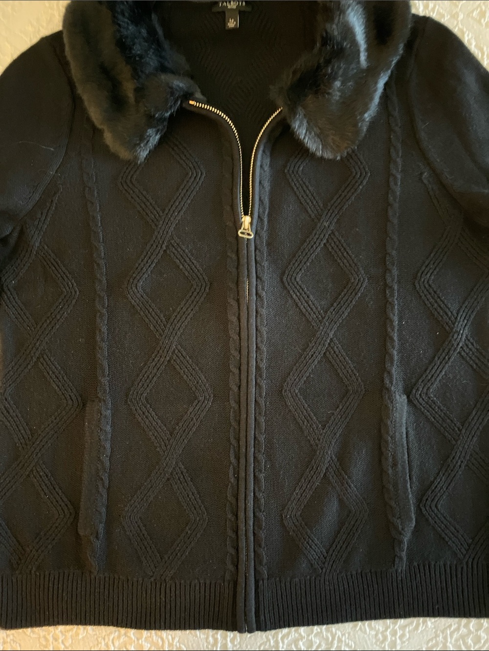 Talbots Black Knit Zip Cardigan with Faux Fur Trim • Petite Large - Picture 5 of 15